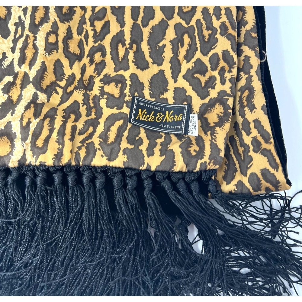 Nick & Nora Scarf Double Faced Silk Black Velvet Leopard Print Fringed 18x67